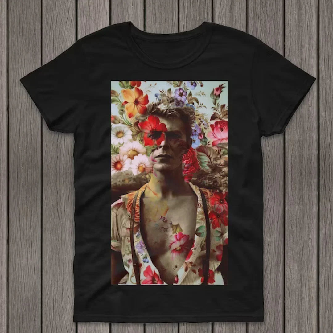 Camiseta Básica David Bowie Flowers Preto