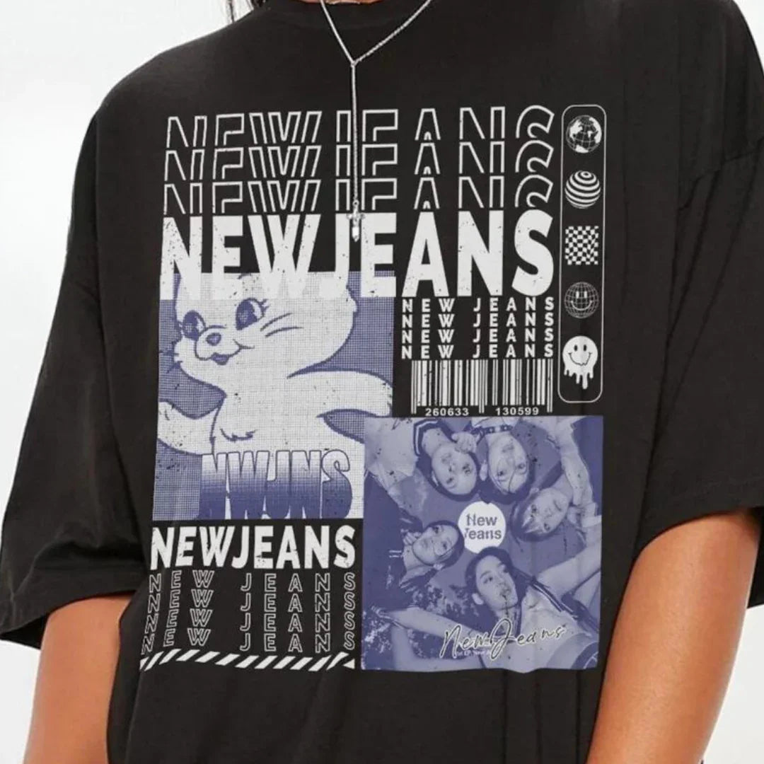 Camiseta Básica NewJeans Vintage - preto