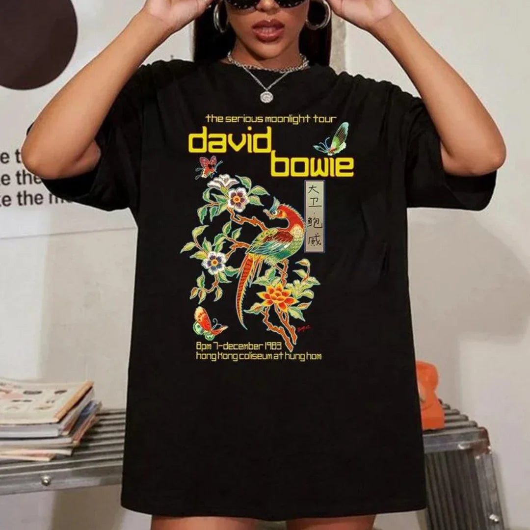 Camiseta Básica David Bowie The Serious Moonlight Hongkong Tour Preto