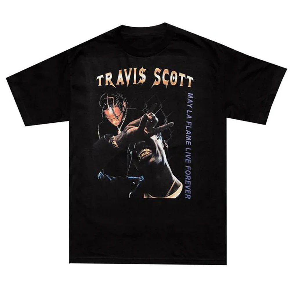 Camiseta Básica Travis Scott Flame Live Forever Preto