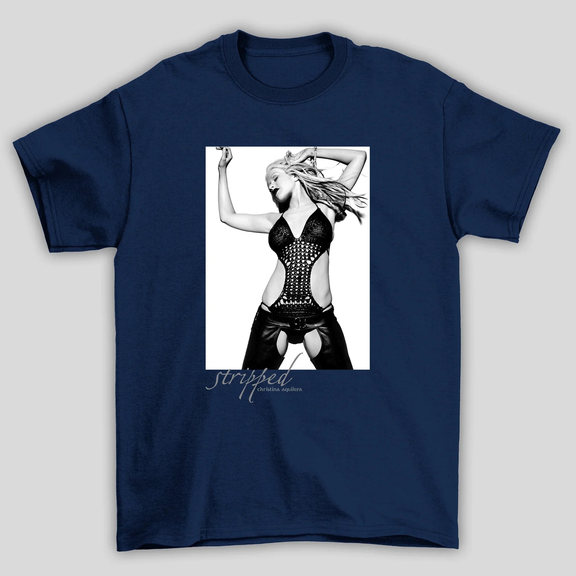 Camiseta Básica Christina Aguilera Stripped P&B azul marinho