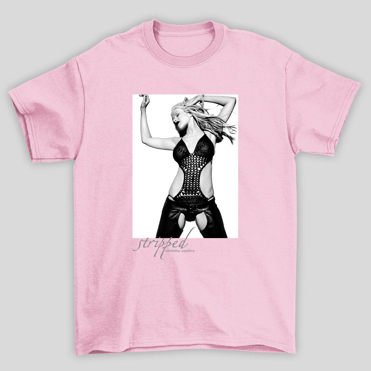 Camiseta Básica Christina Aguilera Stripped- rosa bebe