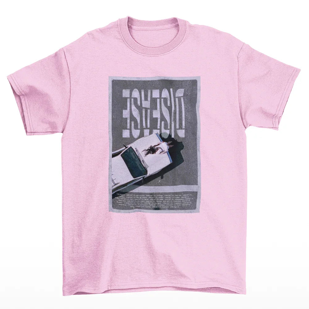 Camiseta Básica Lady Gaga Disease Poster Rosa Bebê 