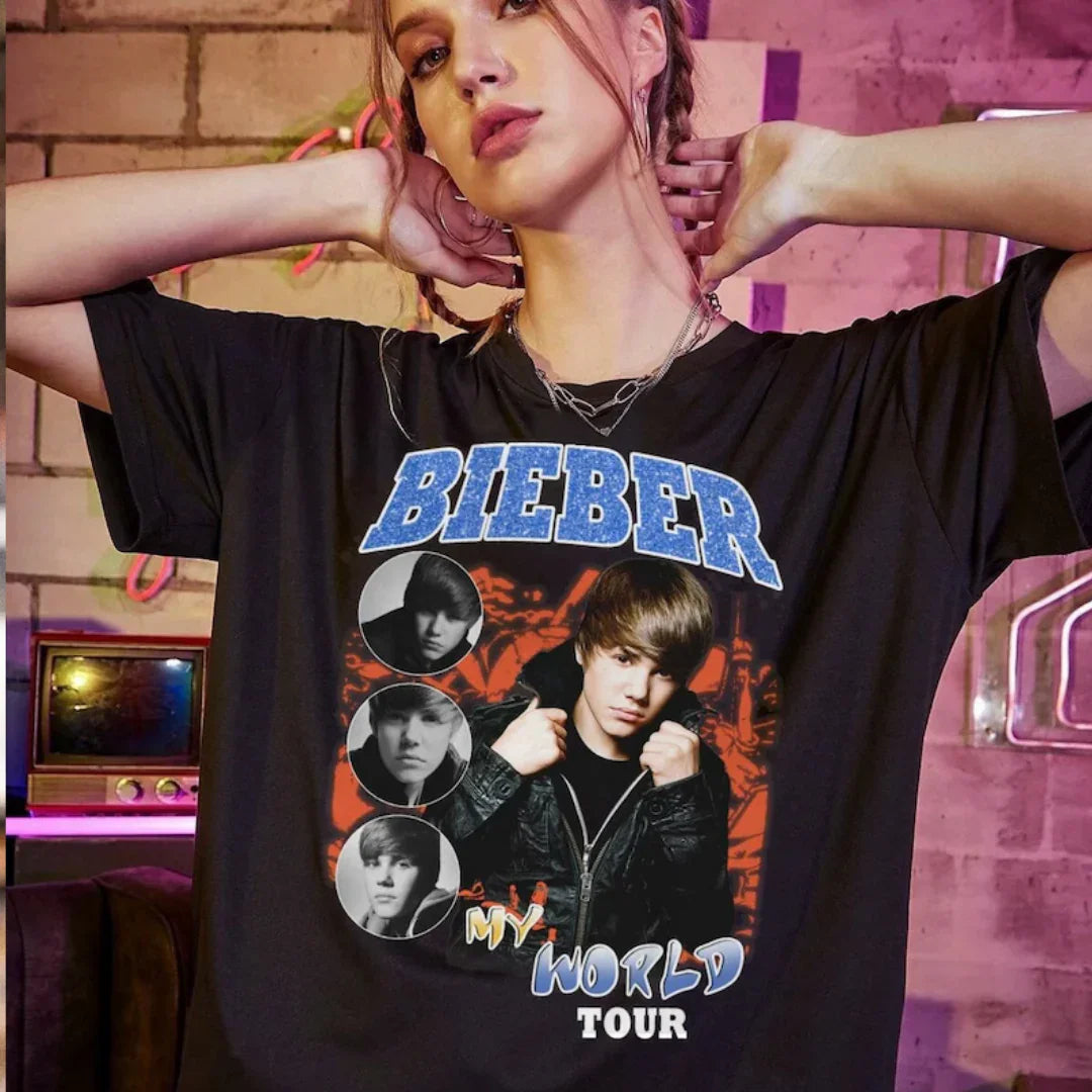 Camiseta Básica Justin Bieber My World Tour Preto