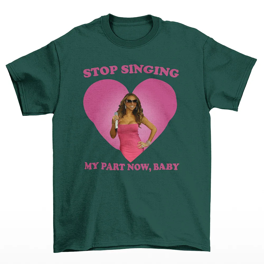 camiseta básica verde com estampa da Mariah Carey stop singing
