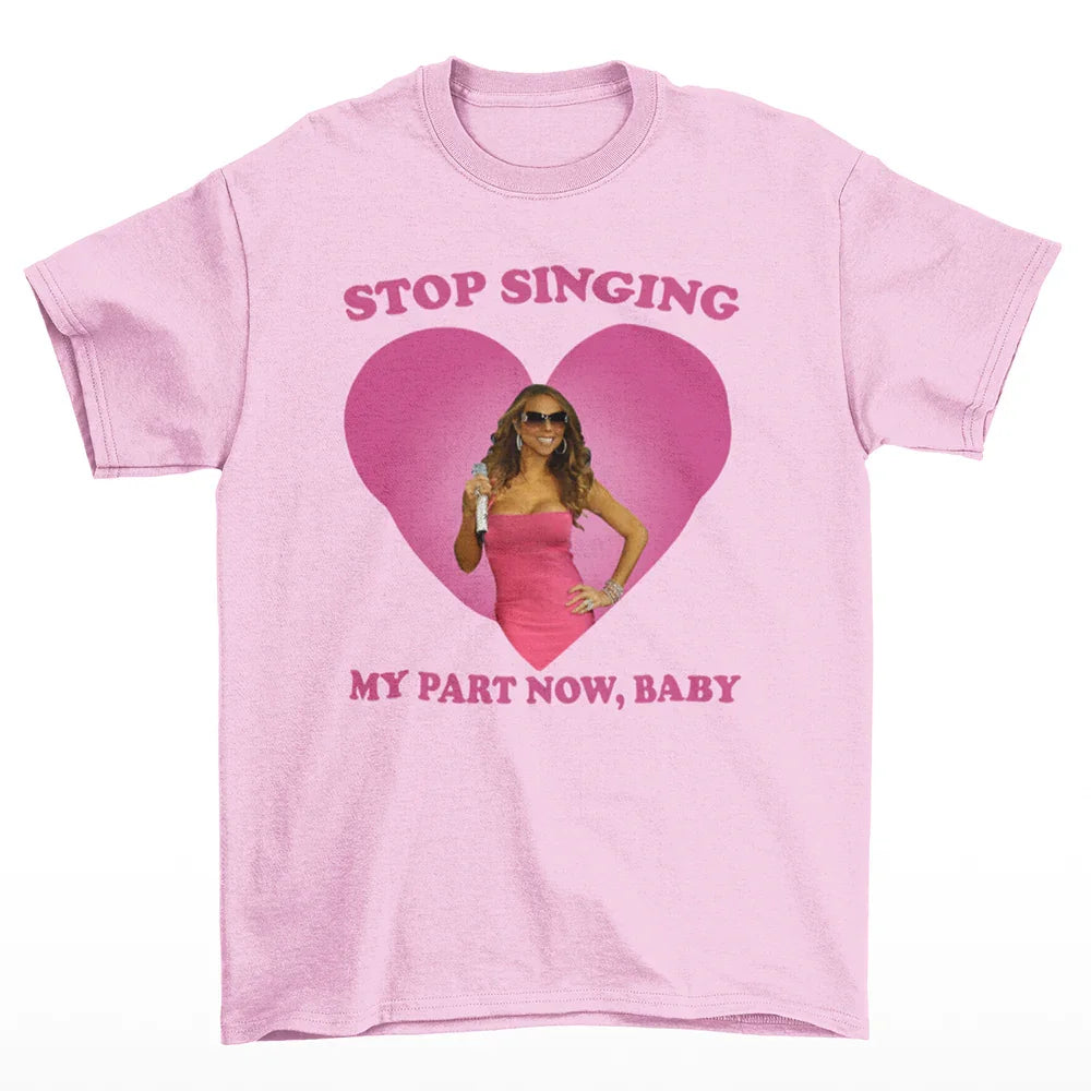 camiseta básica rosa bebê com estampa da Mariah Carey stop singing