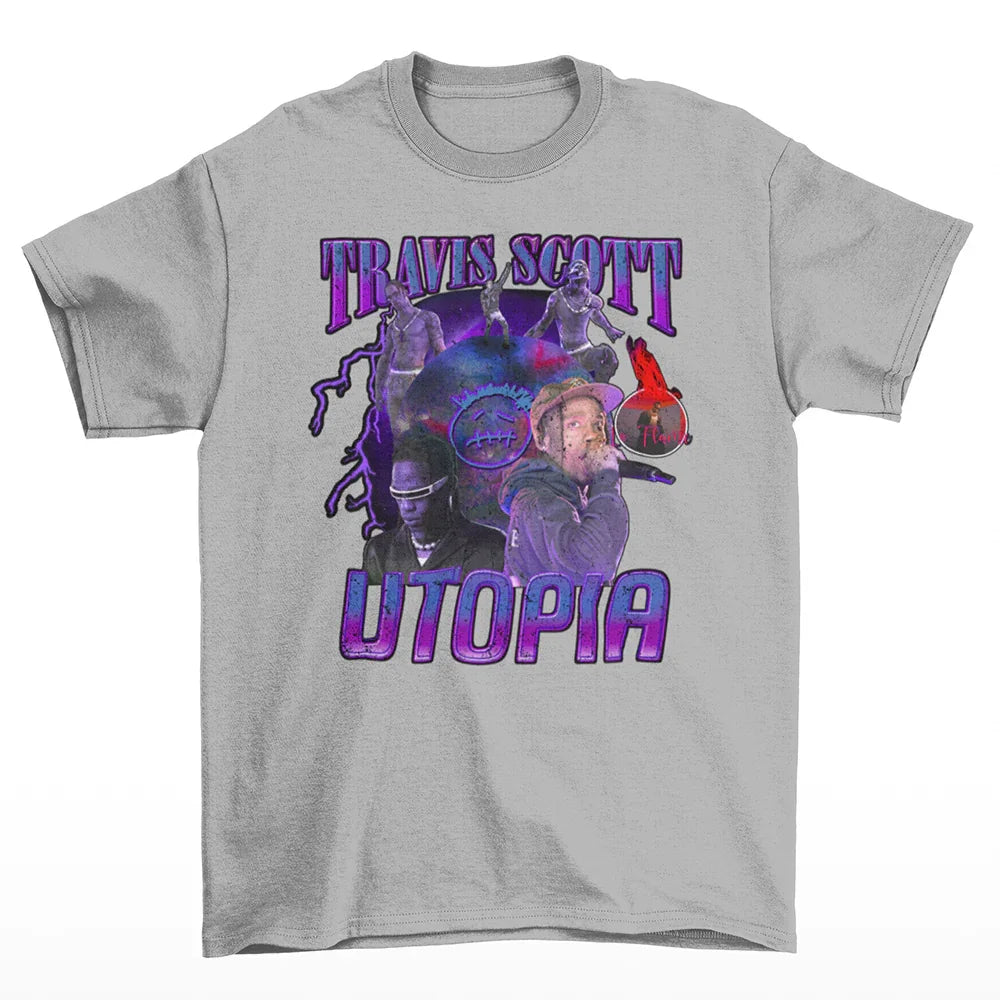 Camiseta Básica Travis Scott Utopia- cinza