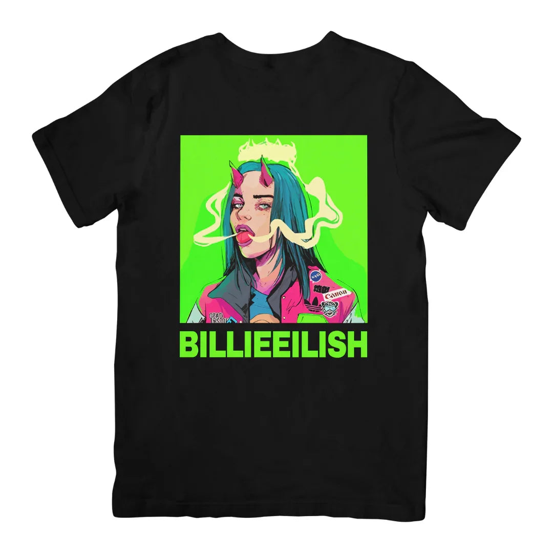 Camiseta Básica Billie Eilish Demon Cartoon - Preto