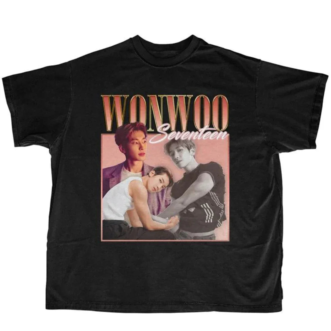 Camiseta Básica Seventeen Wonwoo Retro - preto