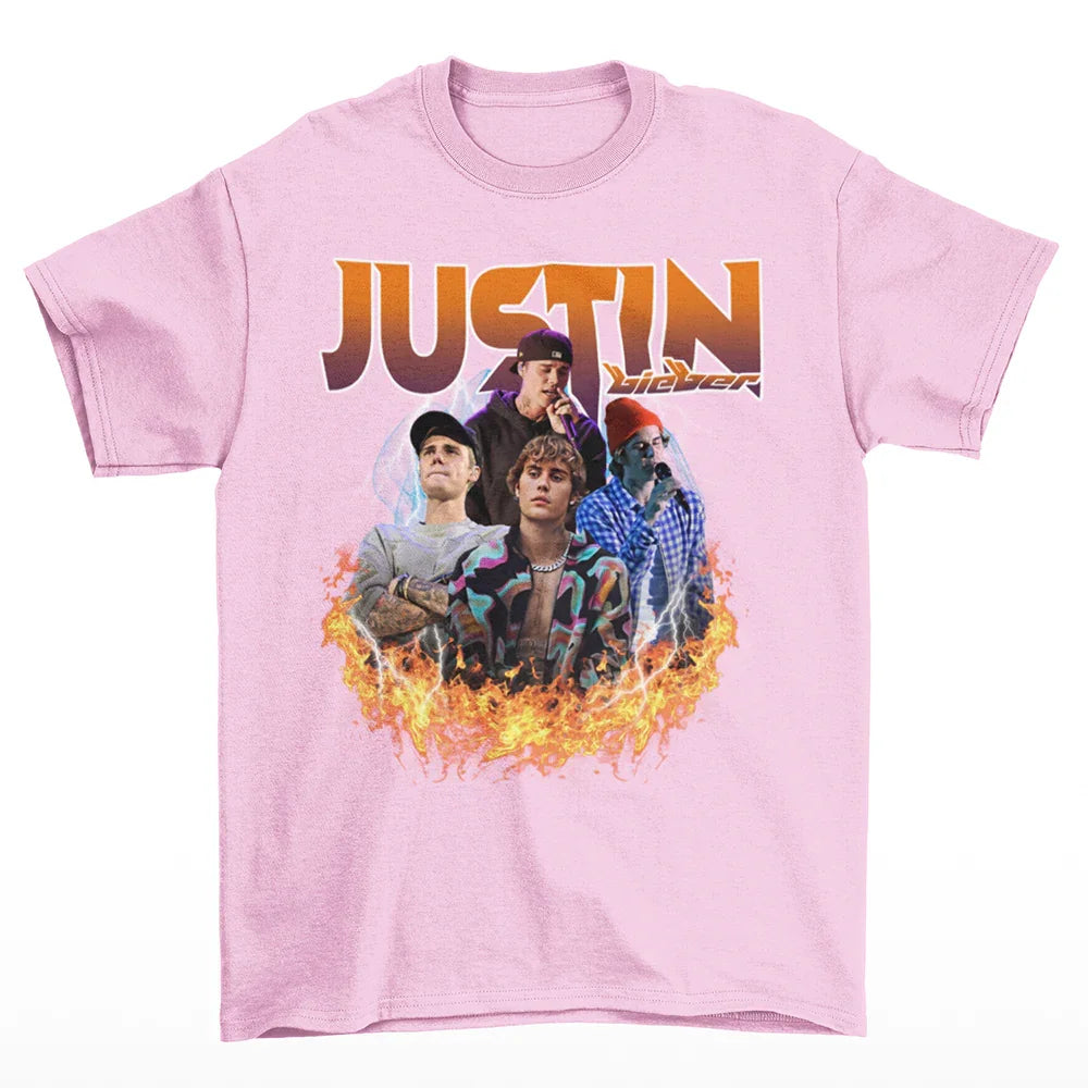 Camiseta Básica Justin Bieber Fire Rosa Bebê 