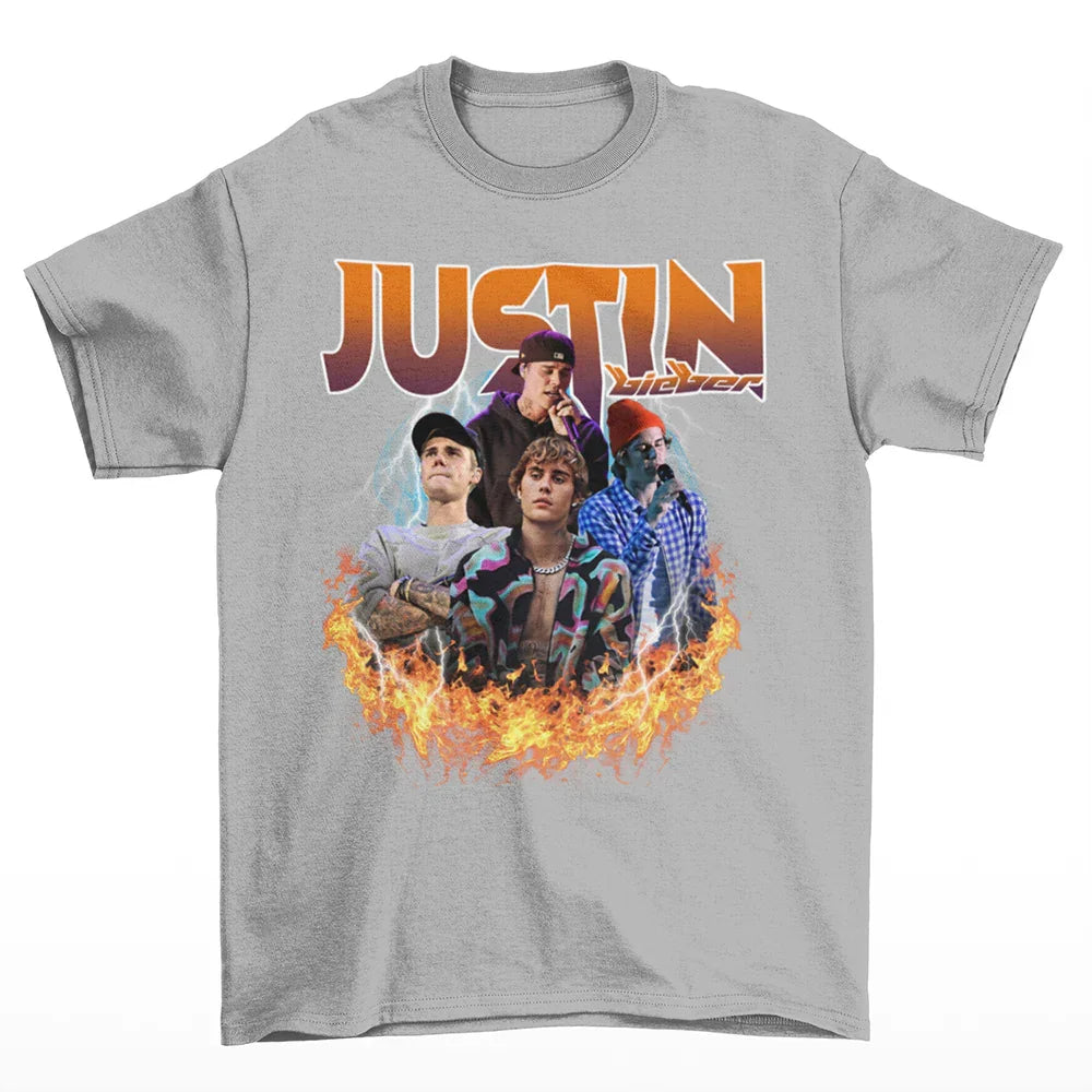 Camiseta Básica Justin Bieber Fire Cinza 