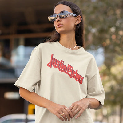 Camiseta Básica Justin Bieber Logo Name- pérola