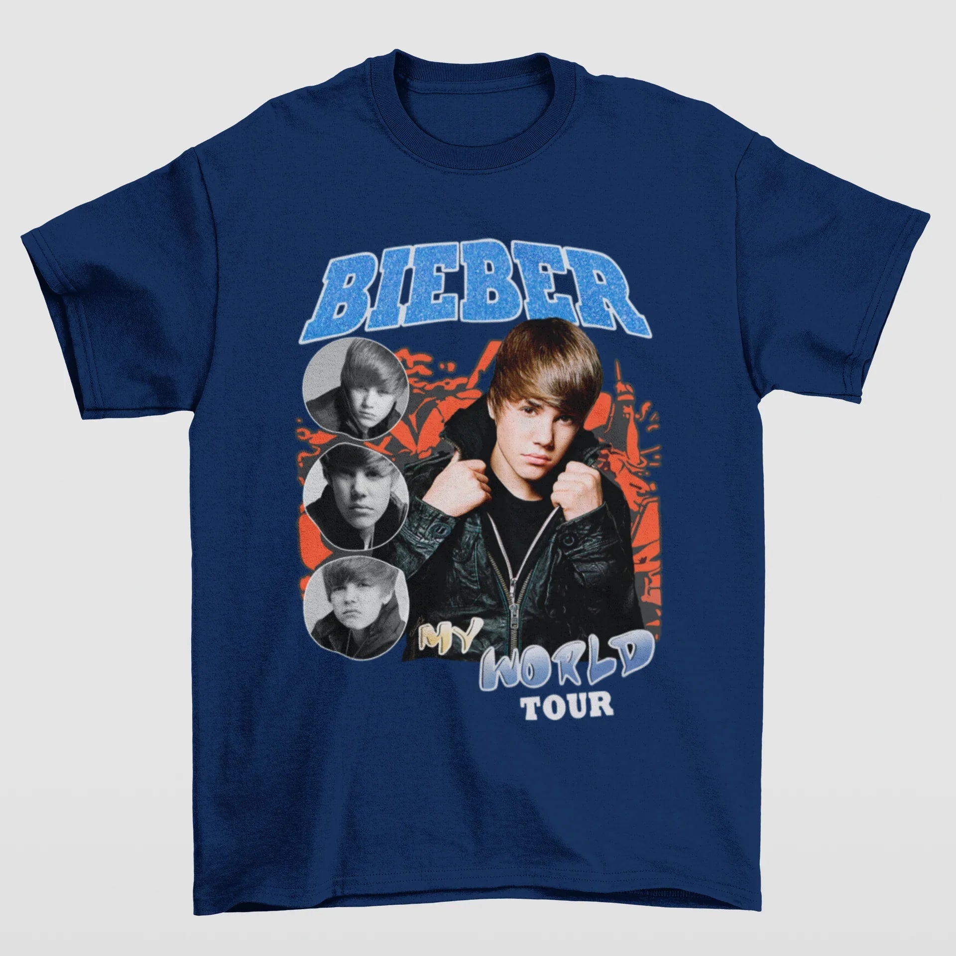 Camiseta Básica Justin Bieber My World Tour- azul-marinho