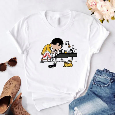 Camiseta Básica Queen Freddie Mercury Cats Cartoon
