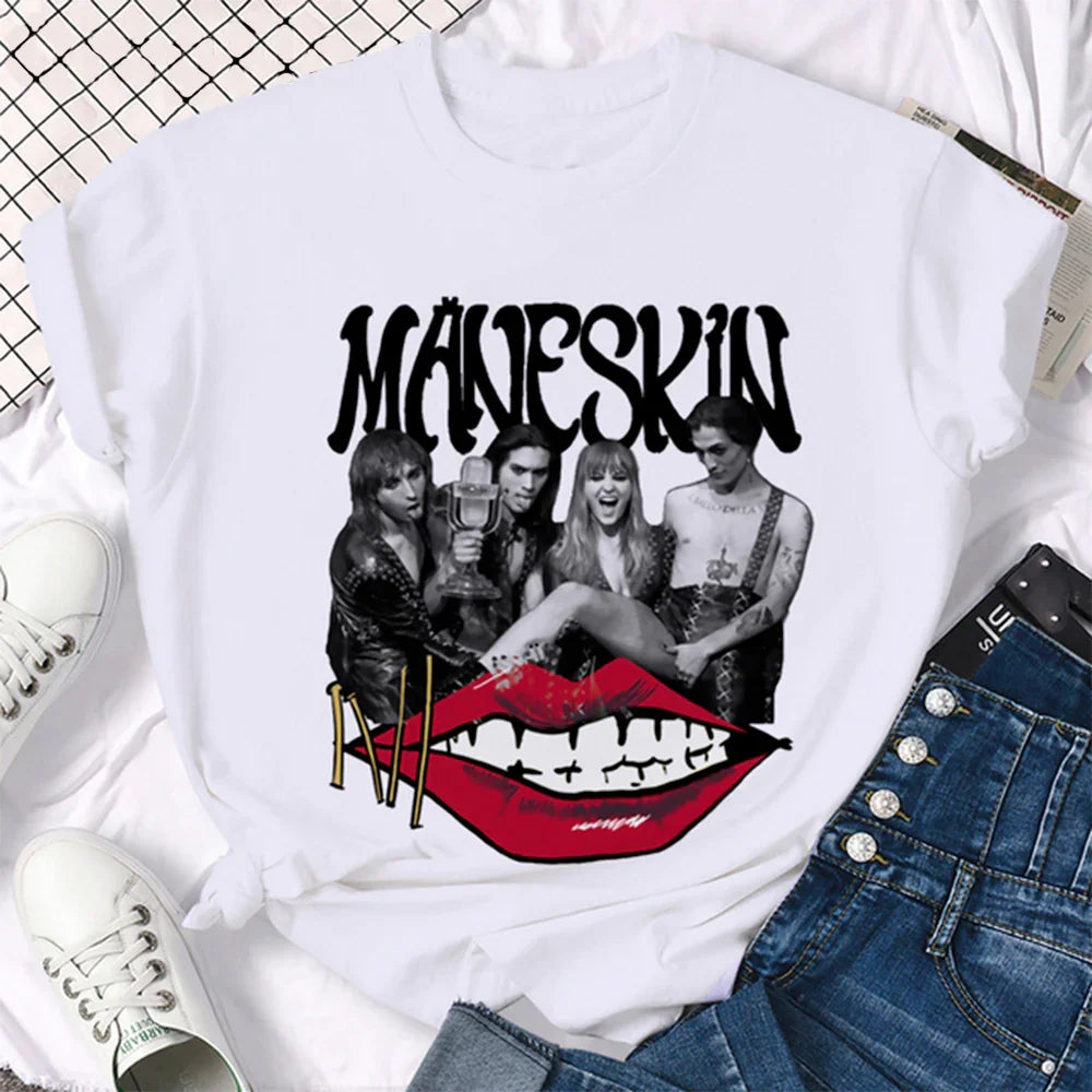 Camiseta Básica Maneskin Rock Band - branco