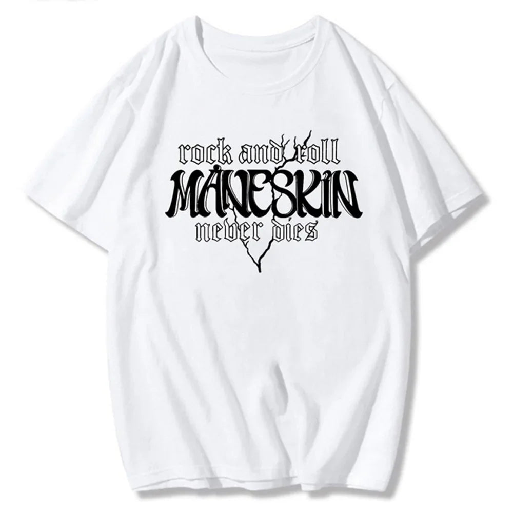 Camiseta Básica Maneskin Rock and Roll Never Dies - branco